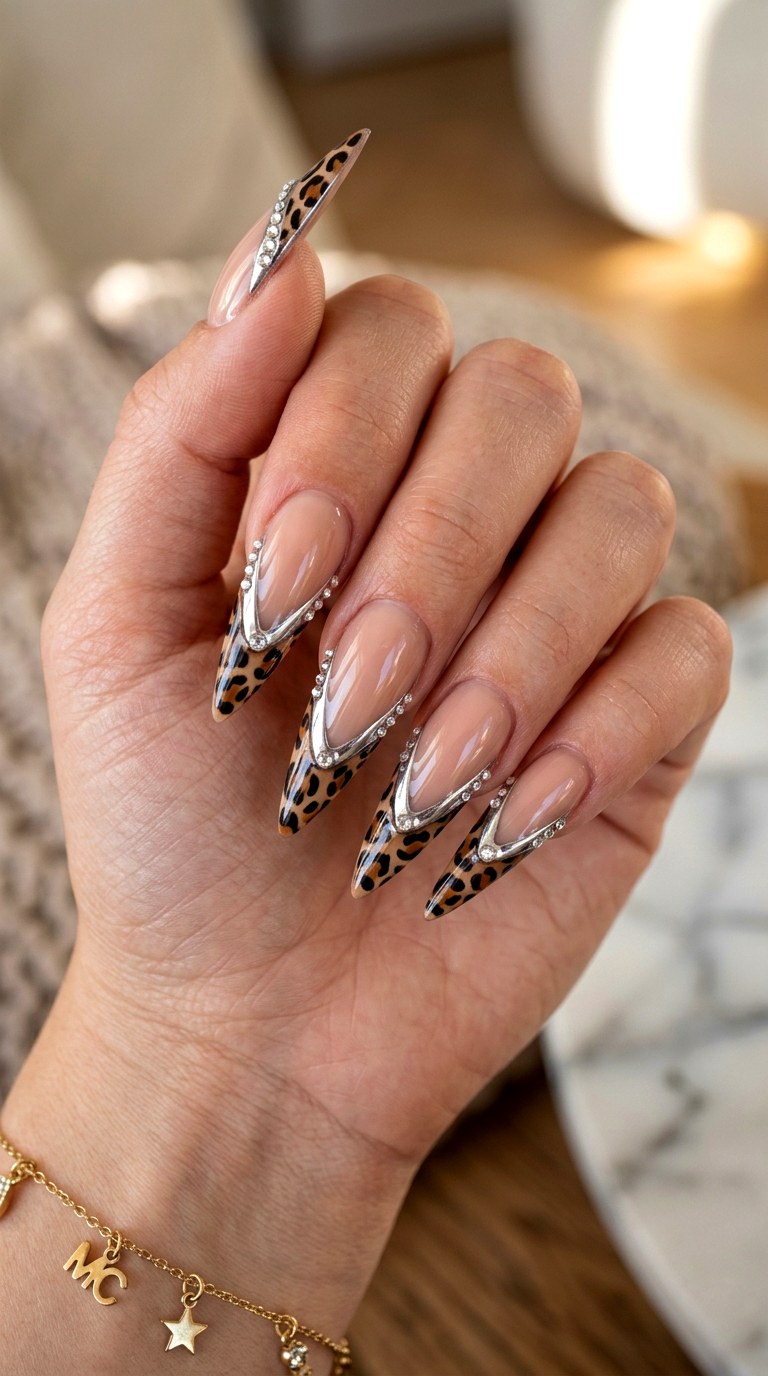 Chrome Leopard French V Tips - 20 Mcbling Gothic leopard Y2K nail ideas