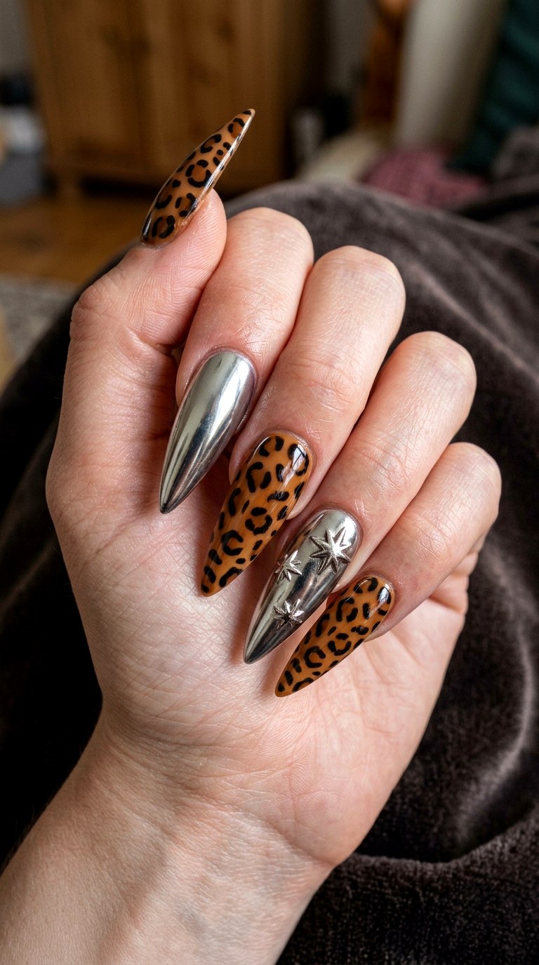 Chrome Leopard Stiletto Glam - 20 Mcbling Gothic leopard Y2K nail ideas