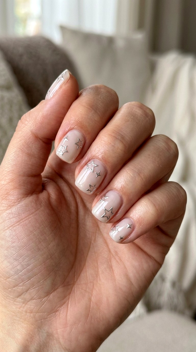 Chrome Outline Star Nails - 24 y2k star short nail ideas