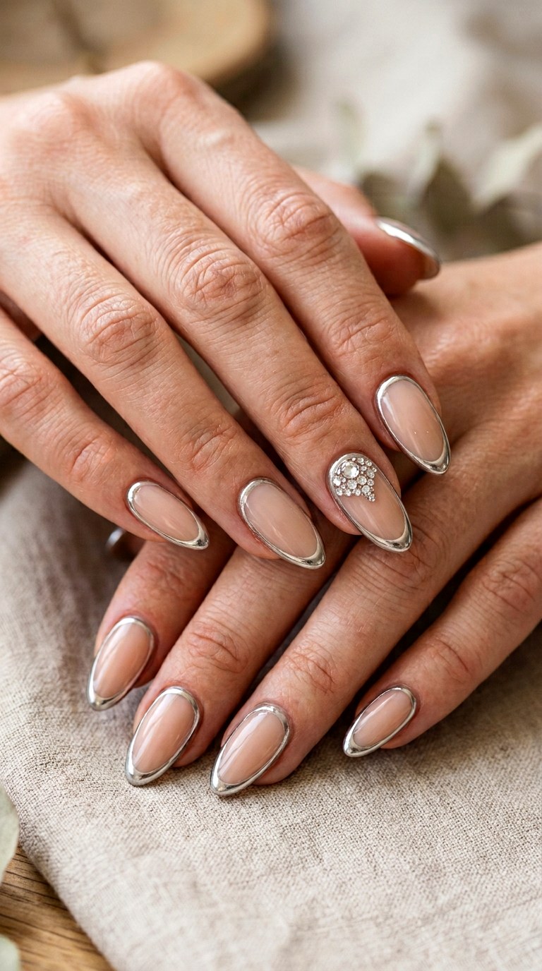 Chrome Outline With Accent Gem - 20 luxury Chrome outline nail ideas