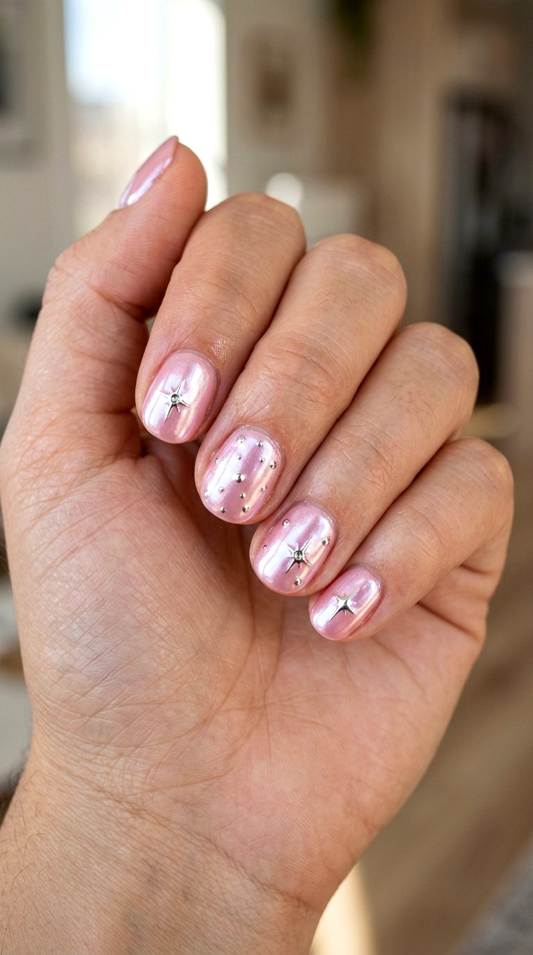 Chrome Pink Starburst Nails - 24 y2k star short nail ideas
