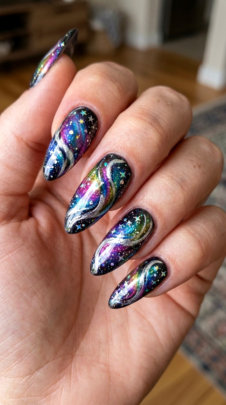 Chrome Rainbow Galaxy Swirls - 25 magical starry swirl nail ideas