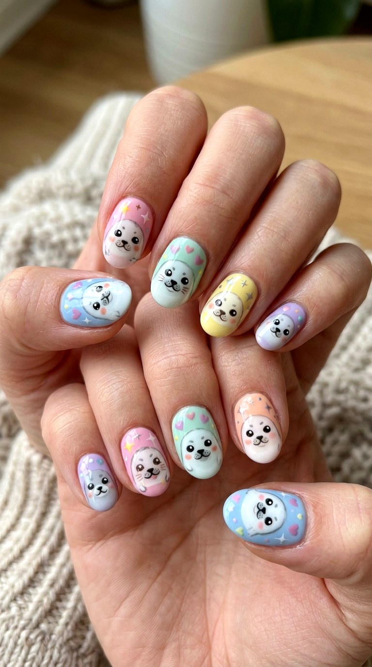 Chubby Seal Faces Nails - 22 little seals cute kawaii nail ideas
