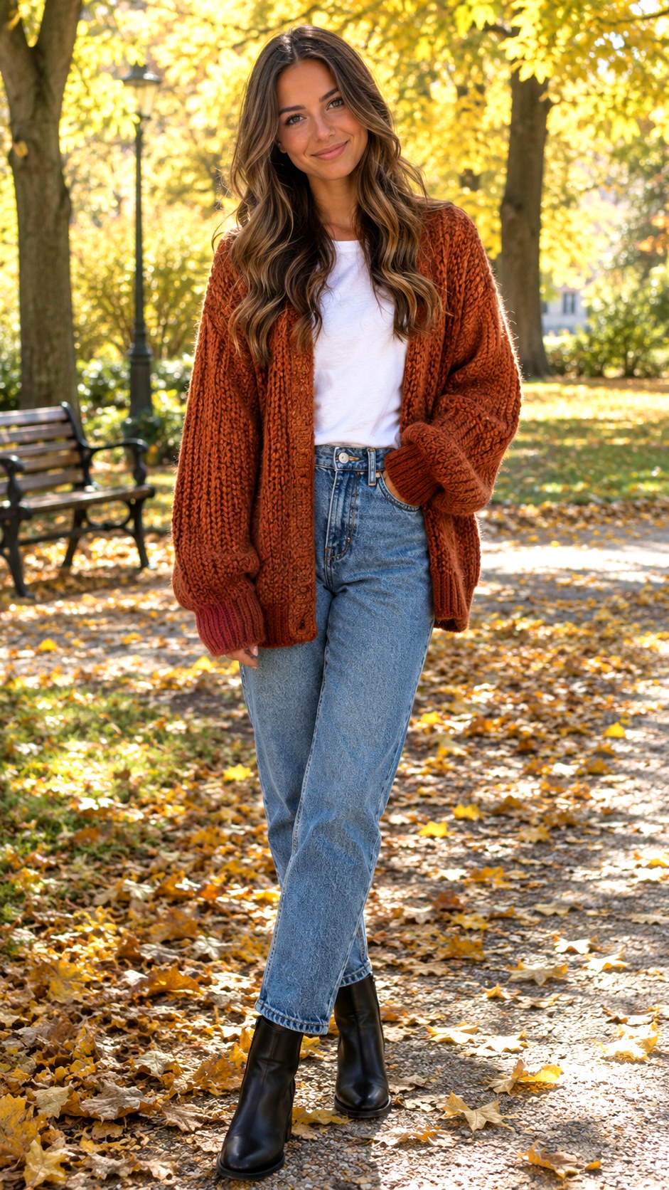 Chunky Knit Cardigan and Mom Jeans - 25 cardigan and jeans outfit ideas
