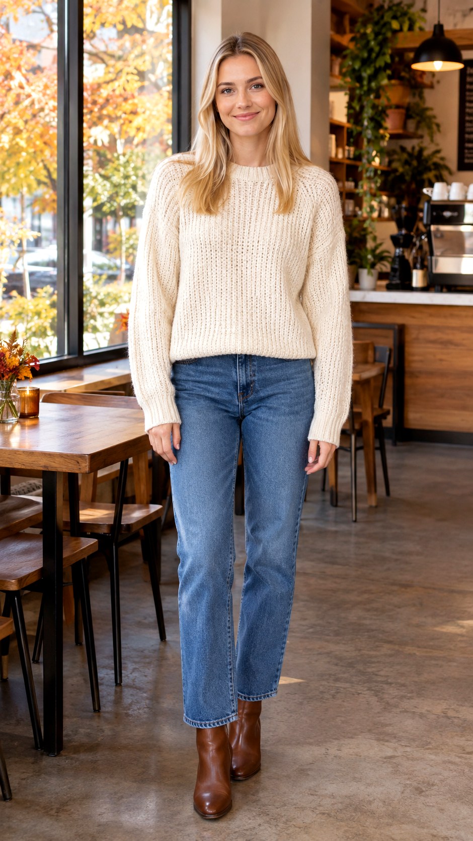 Chunky Knit Sweater and Straight Jeans - 25 outfit inspo fall ideas