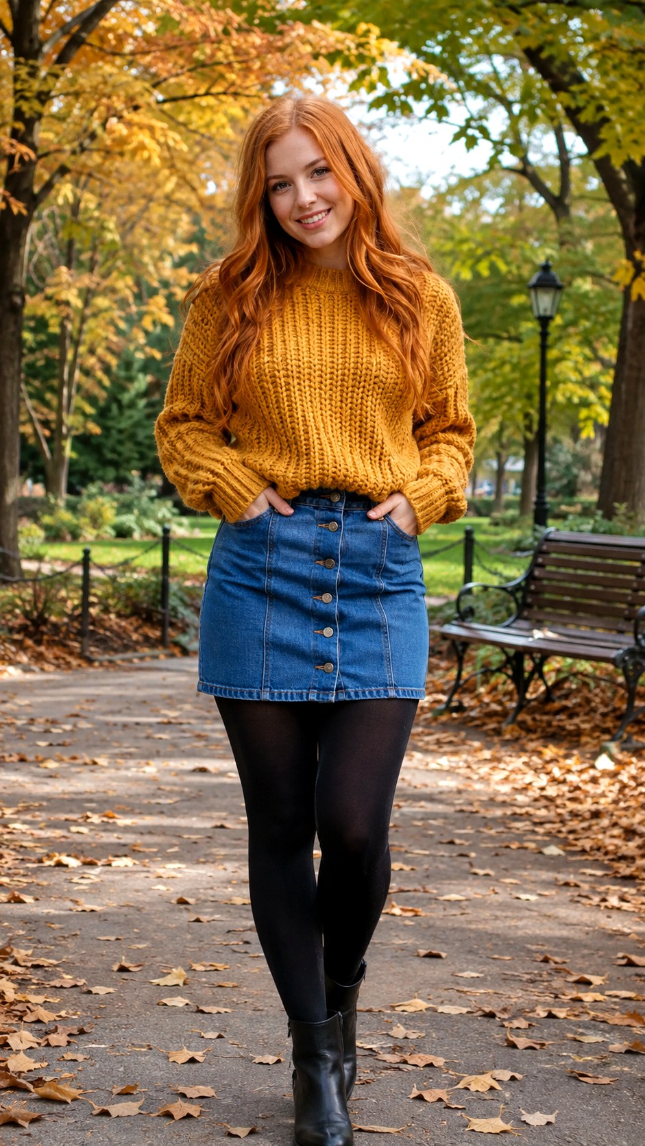 Chunky Sweater and Denim Skirt Over Leggings - 21 Skirt Over Leggings Ideas
