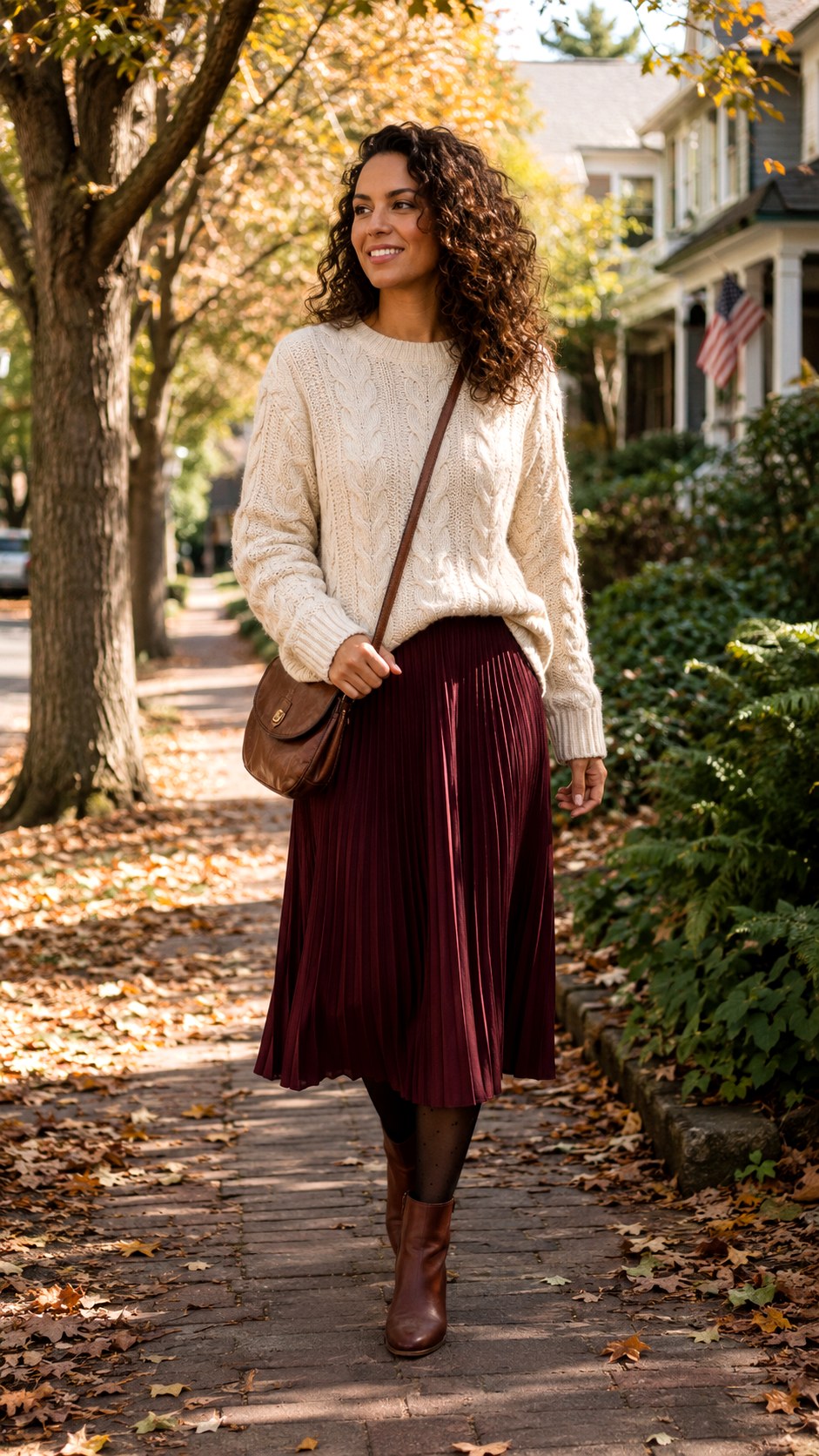 Chunky Sweater and Pleated Midi Skirt with Tights - 23 Skirt with Tights Outfit Ideas