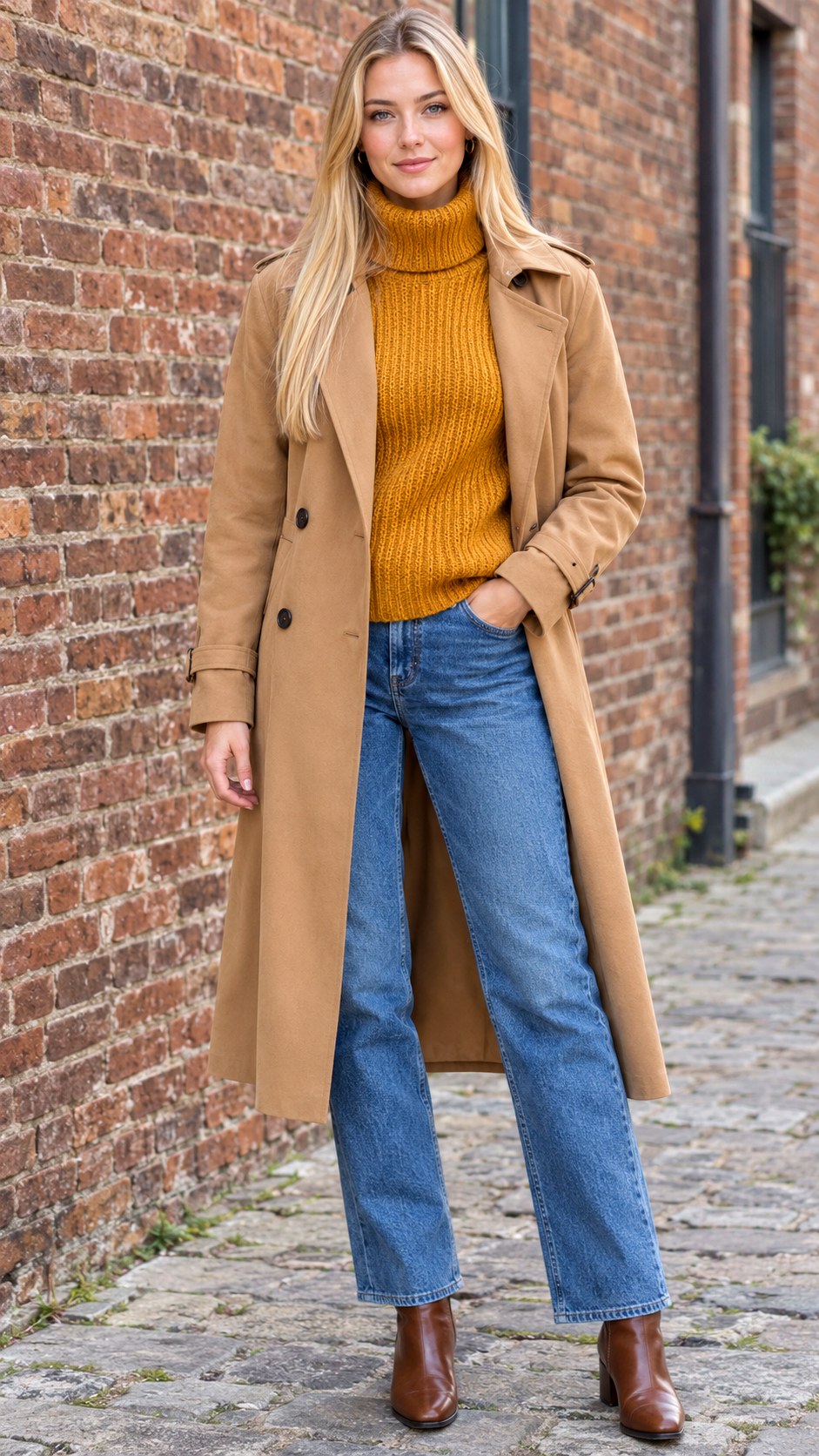 Chunky Turtleneck and Trench Coat - 22 layered fall fashion outfit ideas