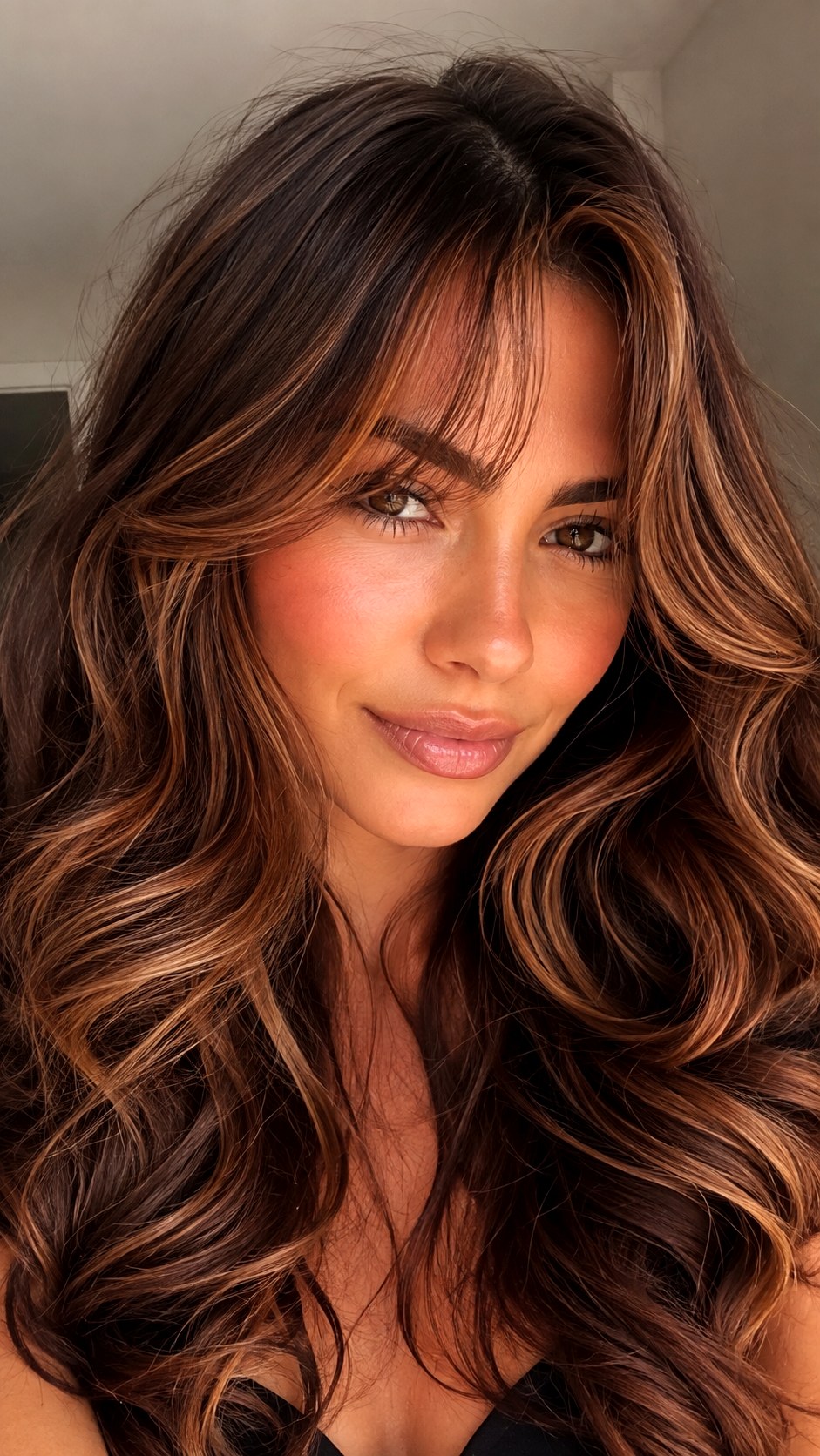Cinnamon Swirl Face Framing Highlights - 24 Wispy Curtain Bangs Long Hair Ideas