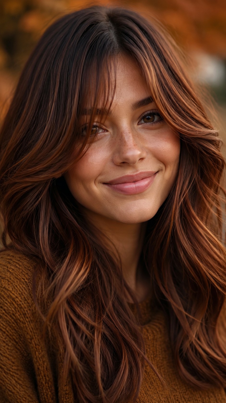 Cinnamon Swirl Long Layers - 25 Long Layers with Curtain Bangs Ideas