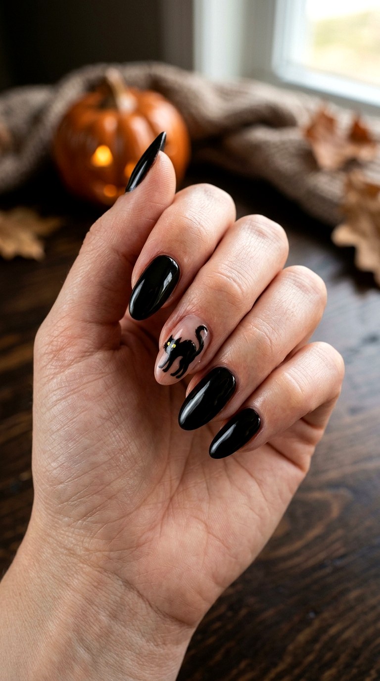 Classic Black Cat Nails - 24 halloween nail ideas