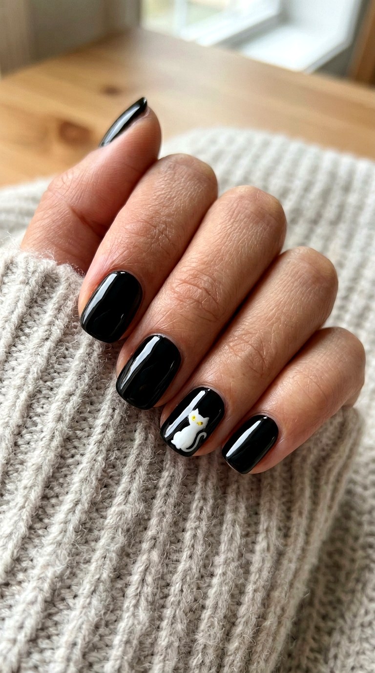 Classic Black Cat Nails - 25 spooky nail ideas
