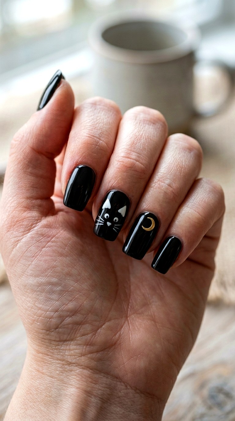Classic Black Cat Nails - 20 easy halloween nail ideas