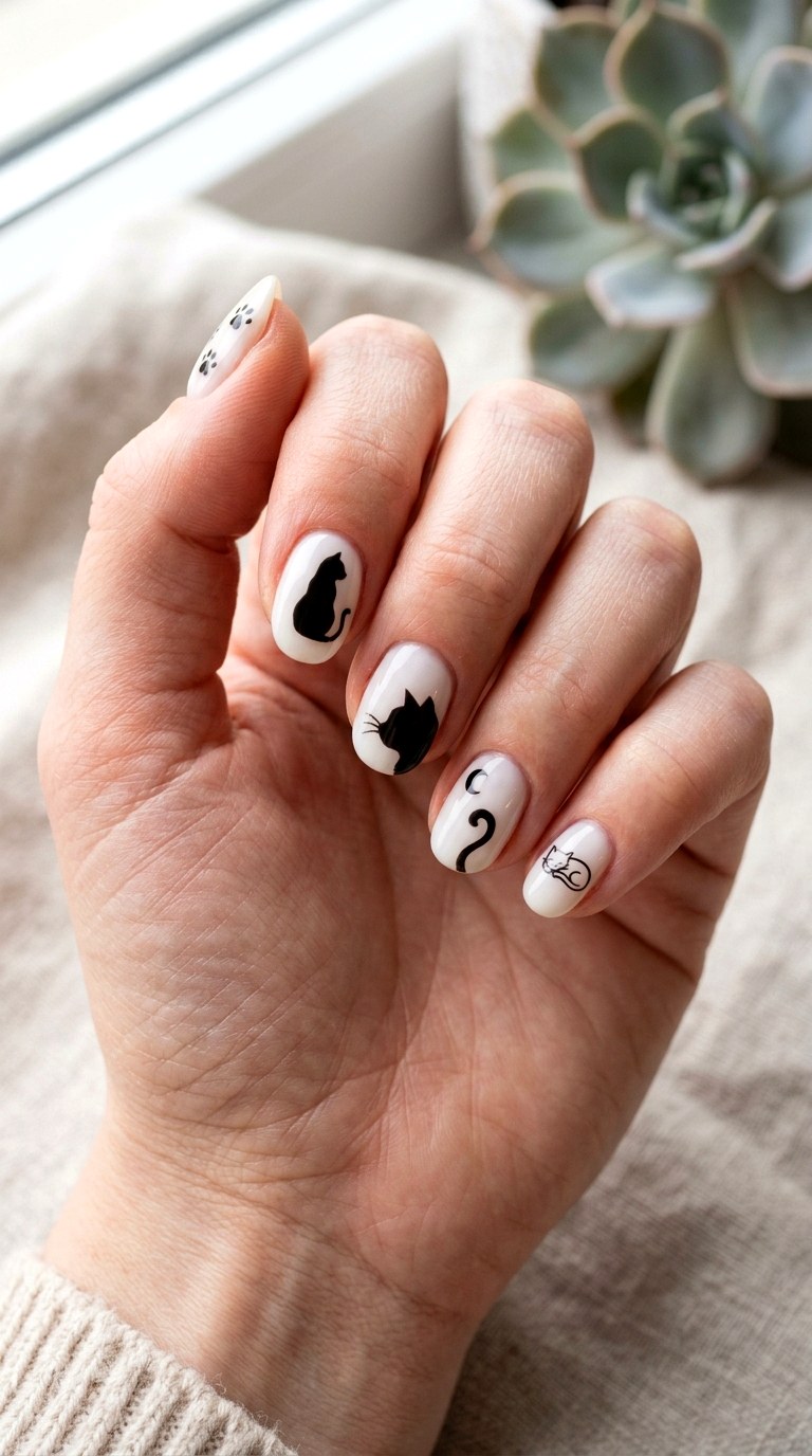 Classic Black Cat Silhouette Nails - 23 simple halloween nail design ideas