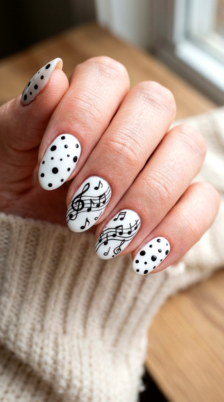 Classic Black Note Dots - 20 polka dots musical notes Nail design ideas