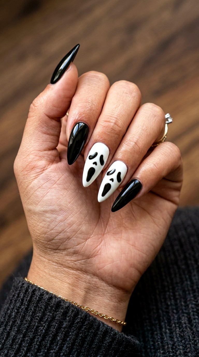 Classic Black and White Ghost Face Nails - 22 ghost face nail ideas