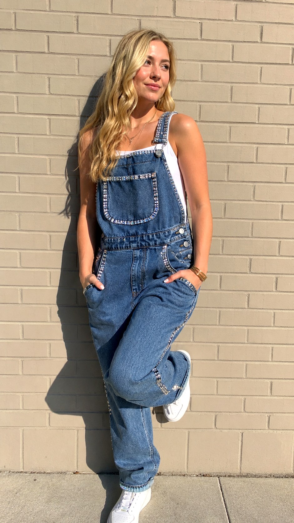 Classic Blue Denim Rhinestone Lined Senior Overalls - 22 rhinestone lined senior overalls