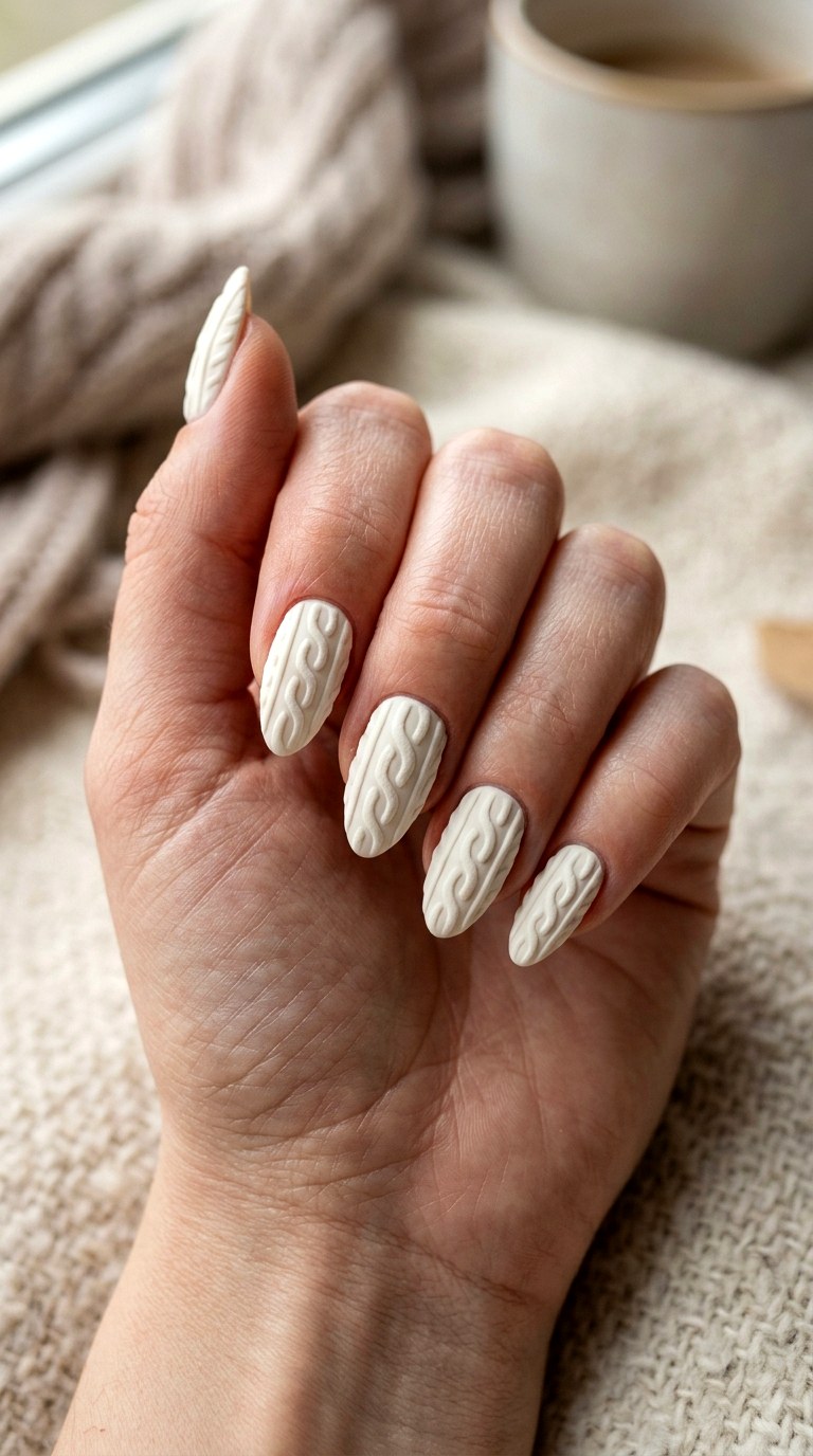 Classic Cream Cable Knit Nails - 24 winter sweater nails nail art design ideas