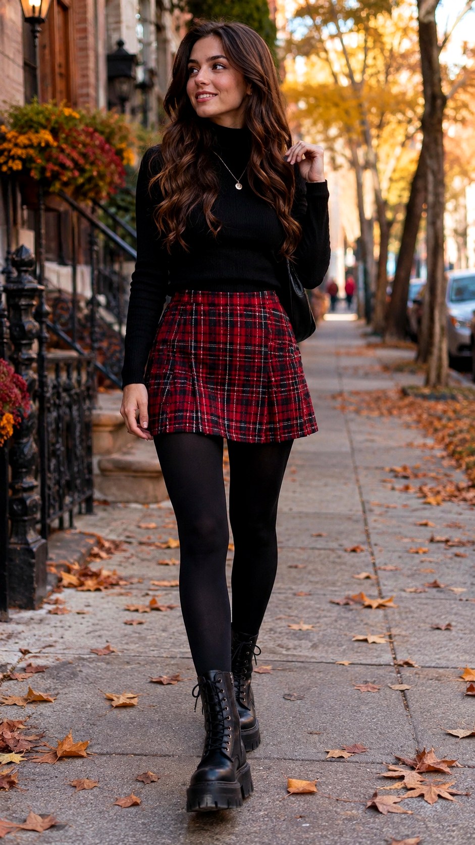 Classic Plaid Miniskirt with Black Opaque Leggings - 22 Skirt with Leggings Outfit Ideas