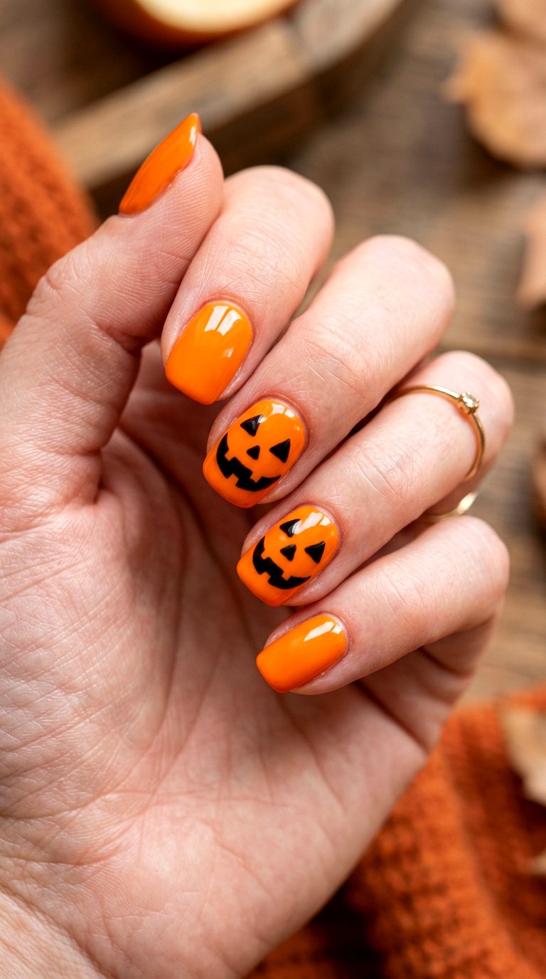Classic Pumpkin Face Nails - 21 cute halloween nail ideas
