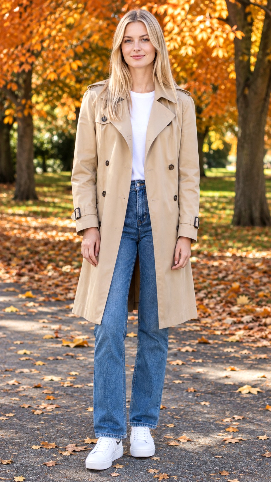 Classic Trench Coat and White Sneakers - 24 early fall outfit look ideas
