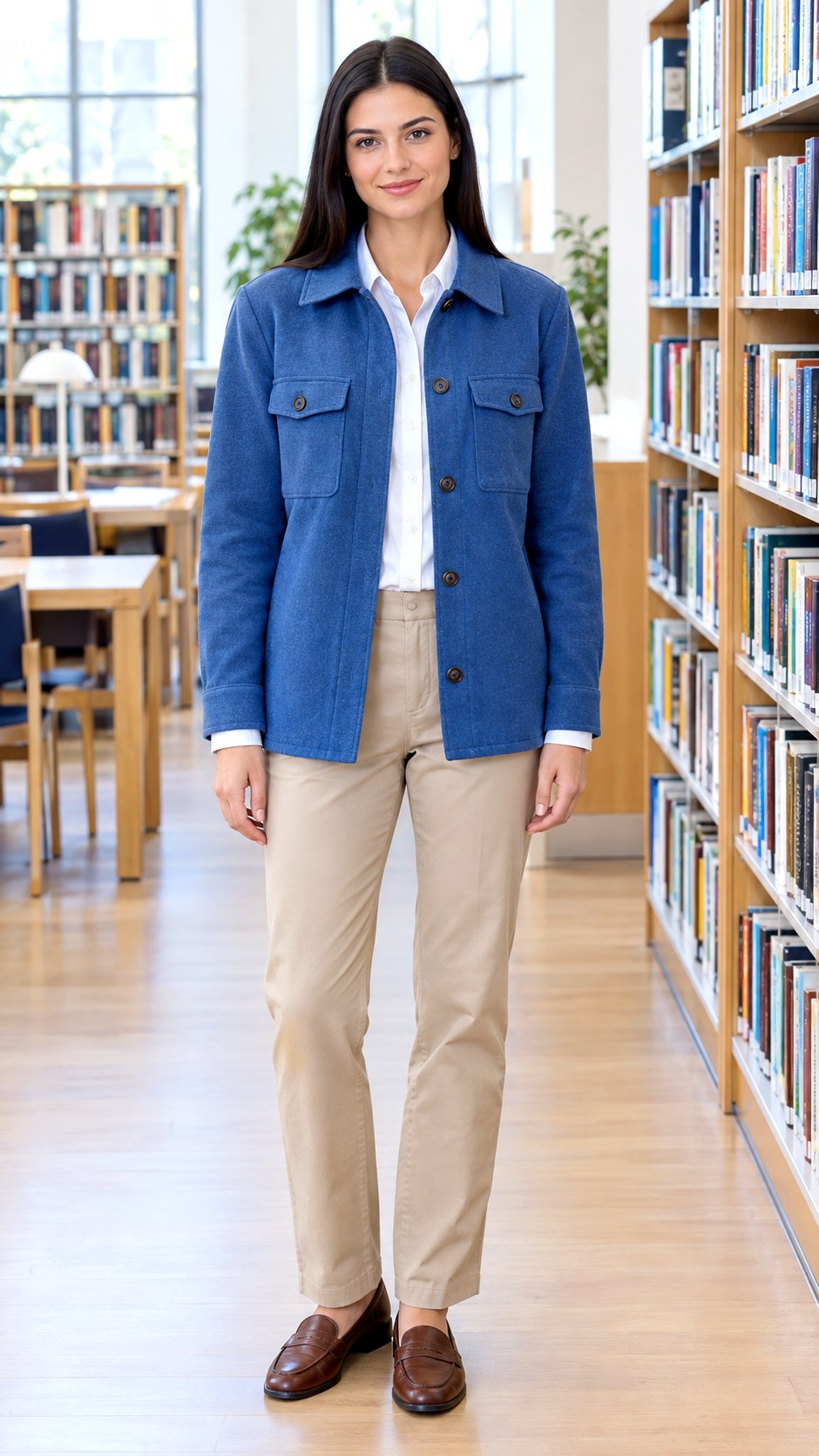 Classic White Button Down and Beige Chinos - 20 blue shacket outfit ideas