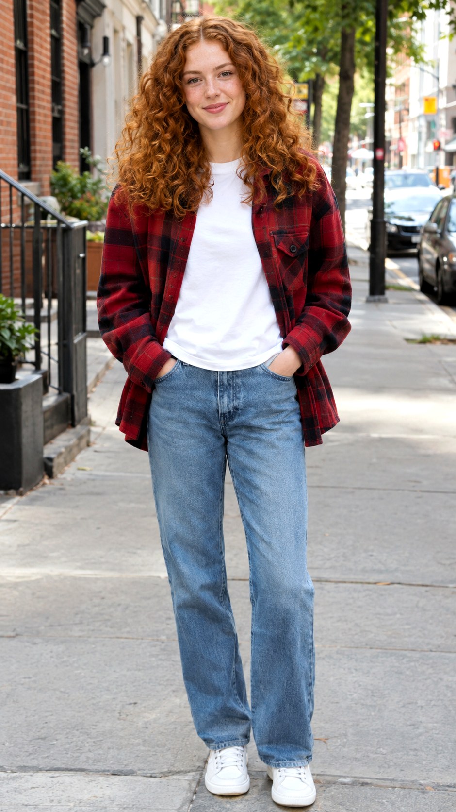 Classic White Tee And Denim With Plaid Shacket - 23 plaid shacket outfit women ideas