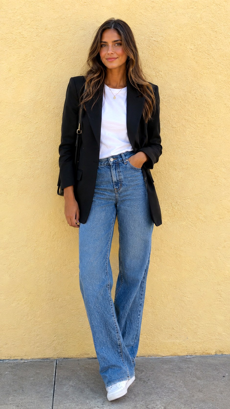 Classic White Tee and Denim Combo With Black Blazer - 22 black blazer outfit ideas