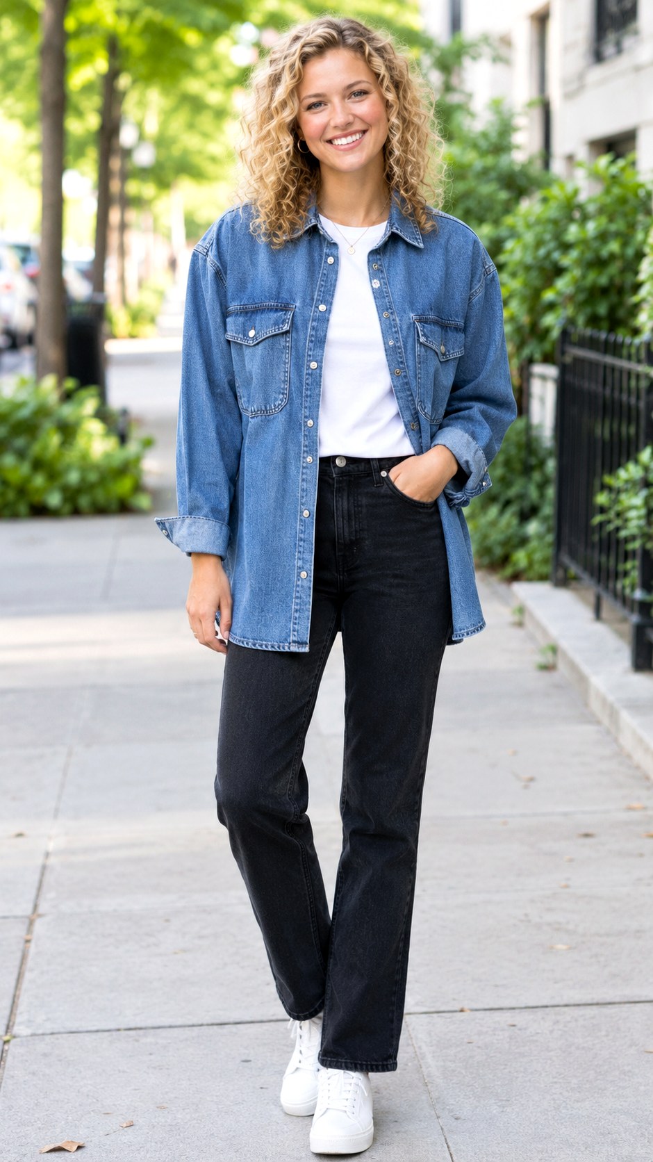 Classic White Tee and Denim Shacket Outfit - 25 denim shacket outfit look ideas