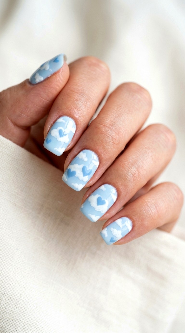 Cloudy Blue Heart Nails - 21 soft blue hearts nail art inspiration ideas