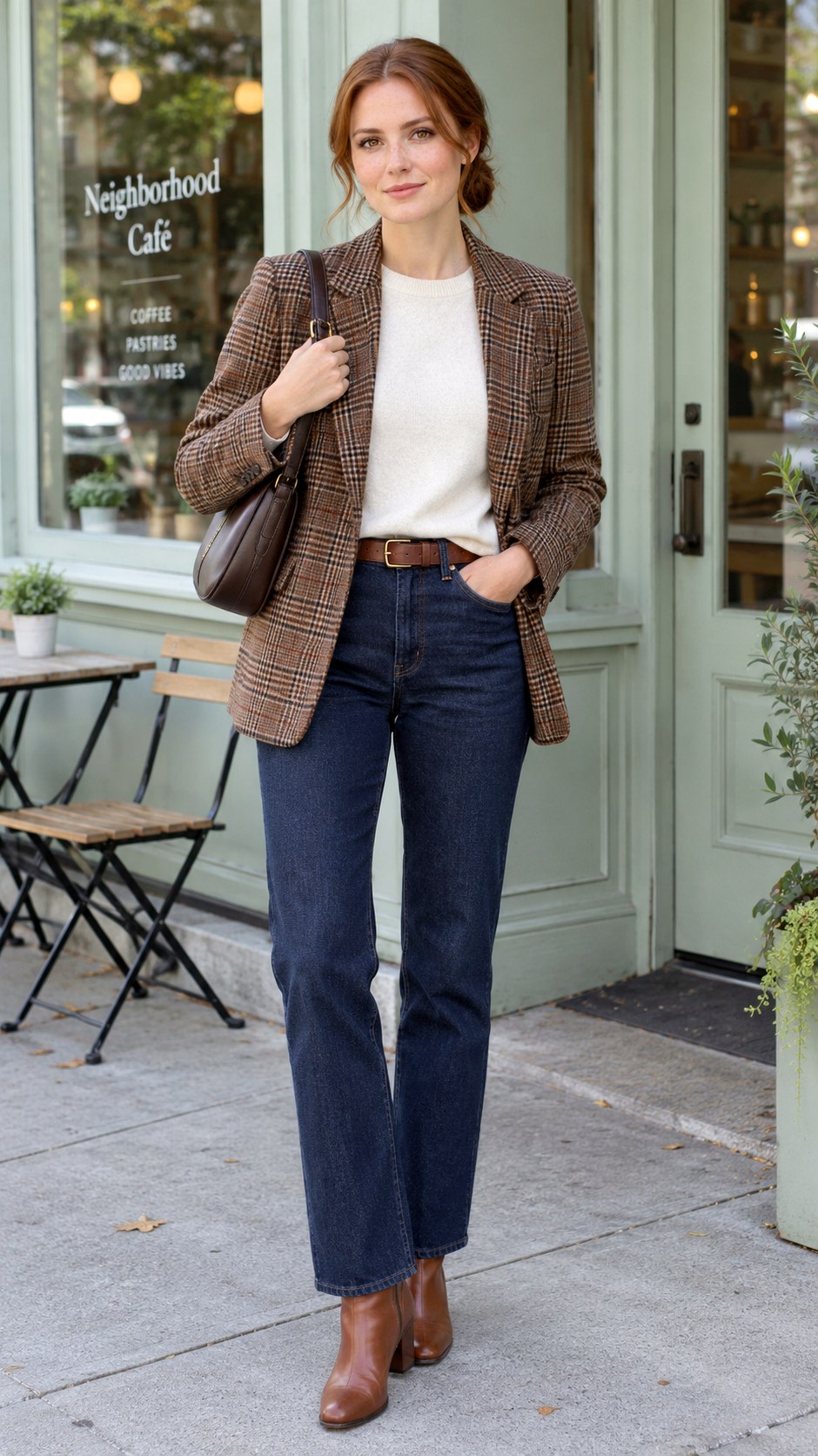 Cognac Boots With Checked Blazers - 20 fall boots outfit ideas