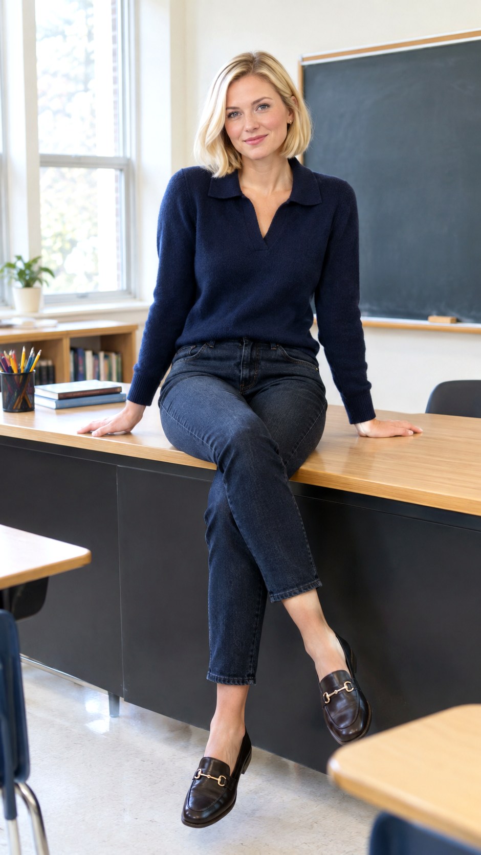 Collared Sweater and Tapered Jeans - 24 sweater and jeans outfit ideas