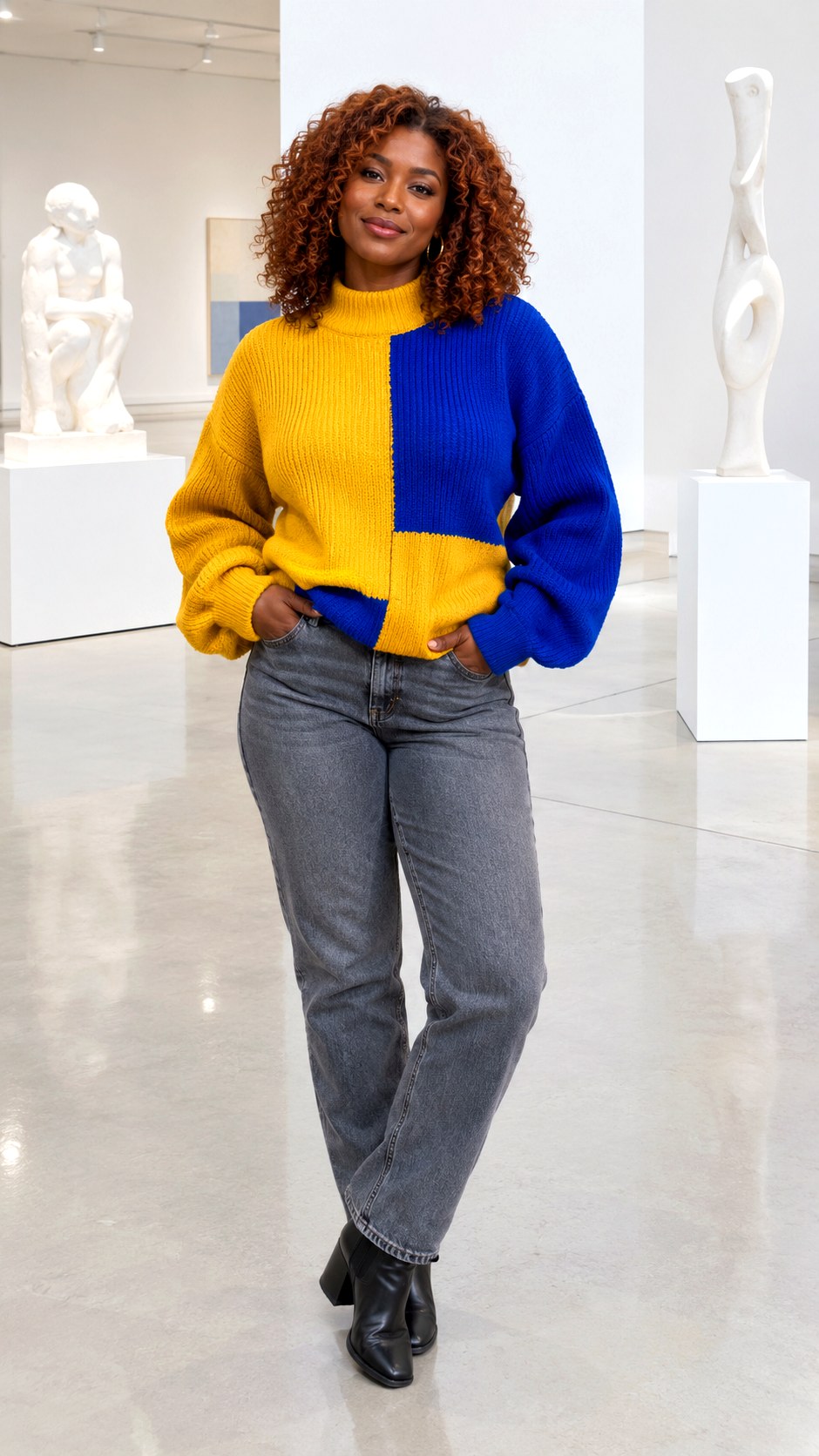 Color Blocked Knit and Gray Jeans - 24 sweater and jeans outfit ideas