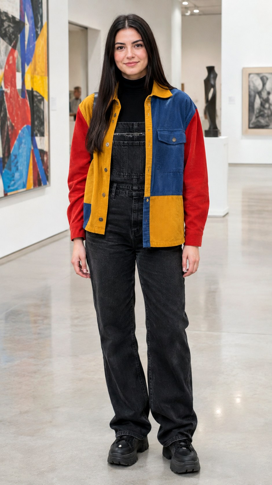 Color Blocked Shacket Black Overalls - 21 shacket jacket outfit ideas