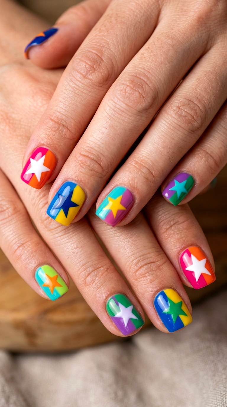 Color Blocked Star Nails - 22 colorful mix and match star nail ideas