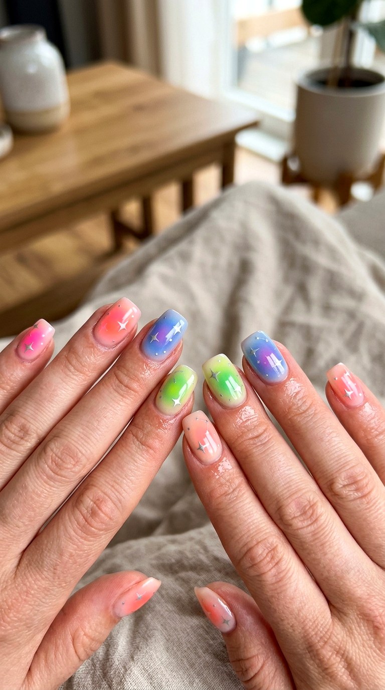Colorful Aura Star Nails - 22 colorful mix and match star nail ideas