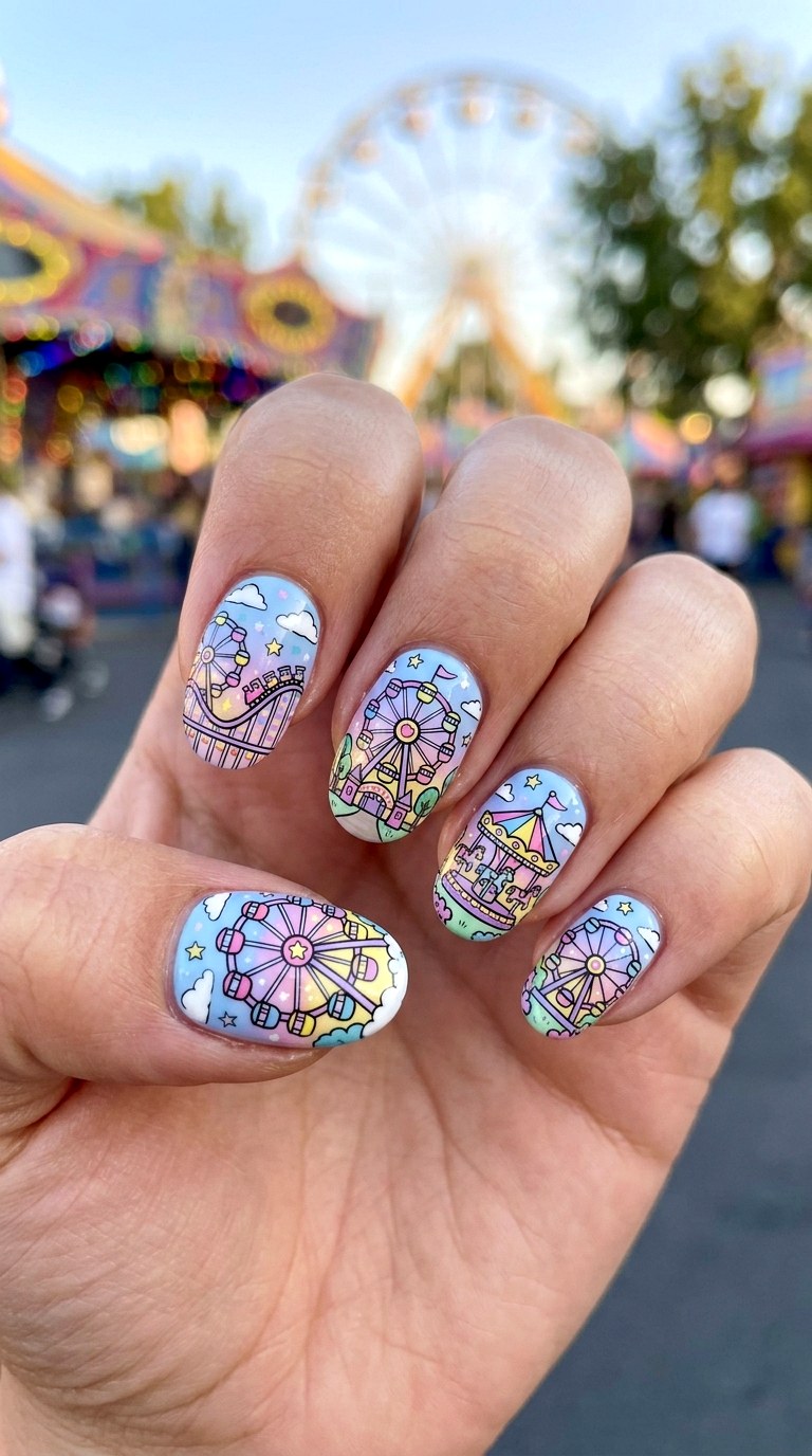 Colorful Cartoon Ferris Wheel Nails - 25 cartoon Park nail ideas