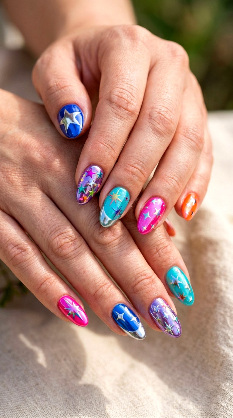 Colorful Chrome Star Mix - 22 colorful mix and match star nail ideas