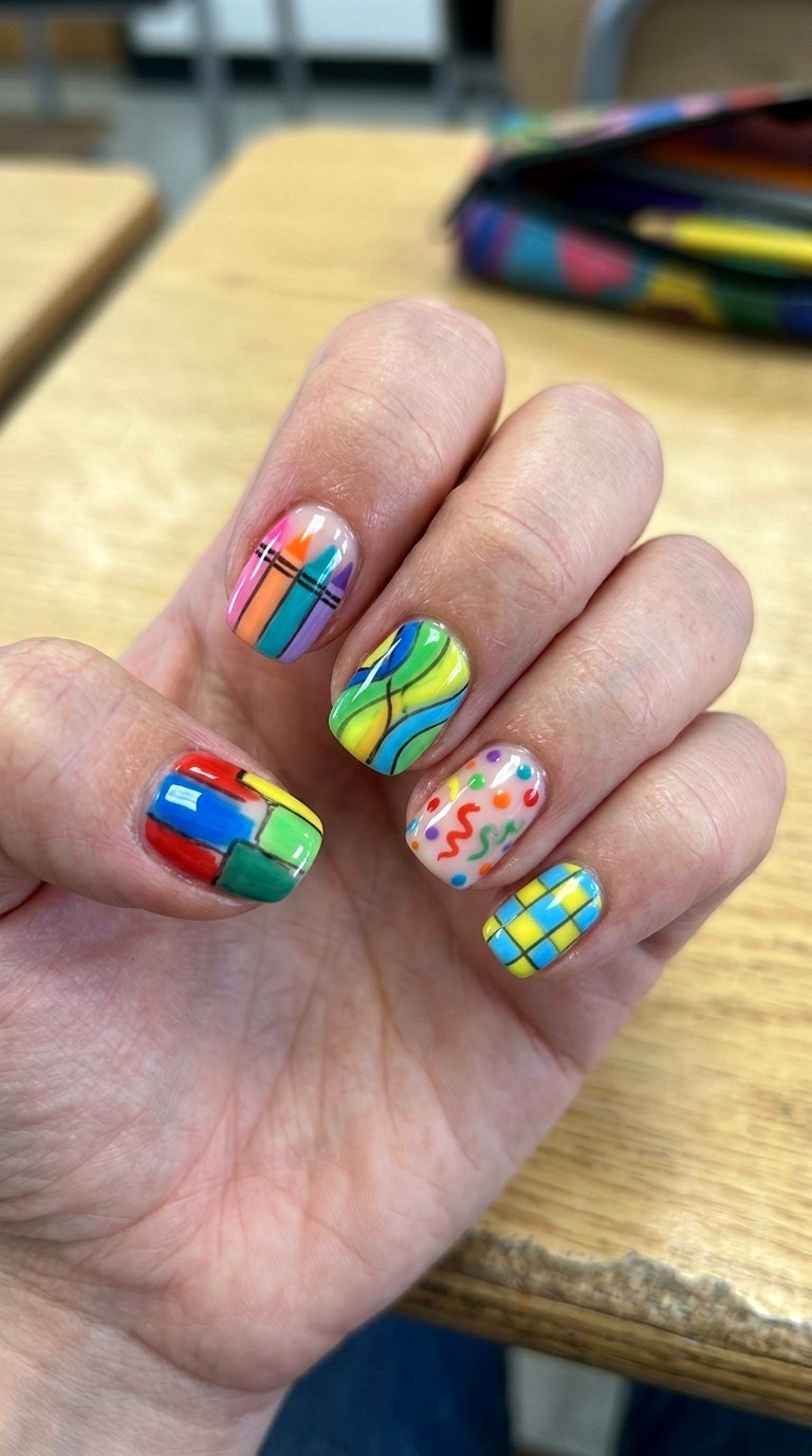 Colorful Crayon Inspired Nails - 23 first day of school nail ideas