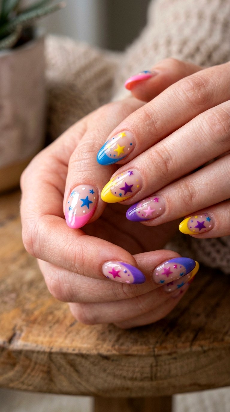 Colorful French Star Swaps - 22 colorful mix and match star nail ideas