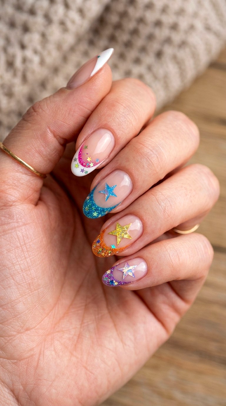 Colorful Glitter Star Mix - 22 colorful mix and match star nail ideas