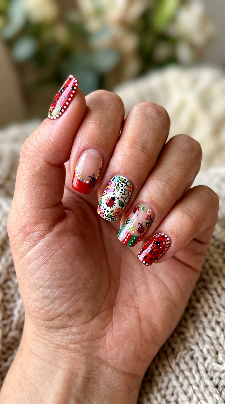 Colorful Ladybug Mix Nails - 22 Trendy ladybug nail ideas