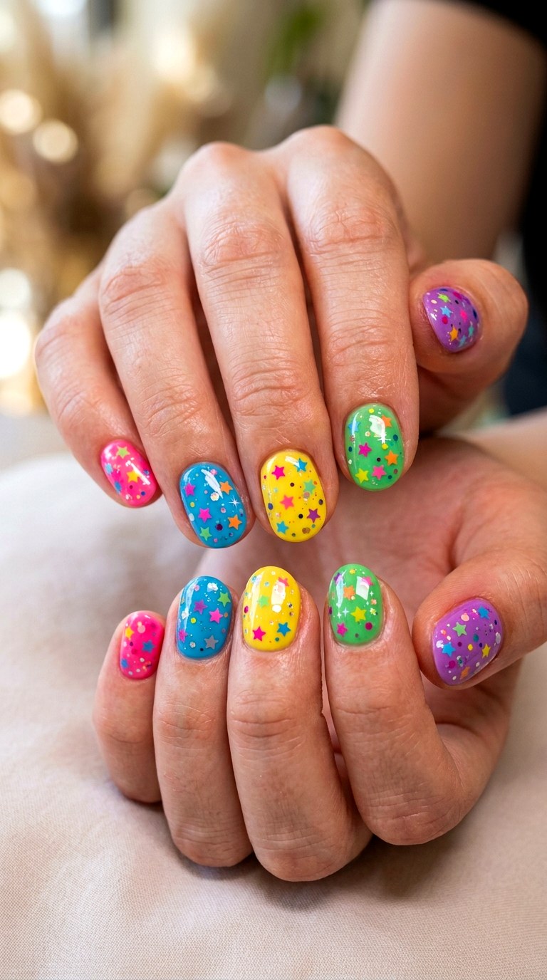 Colorful Star Confetti Nails - 22 colorful mix and match star nail ideas