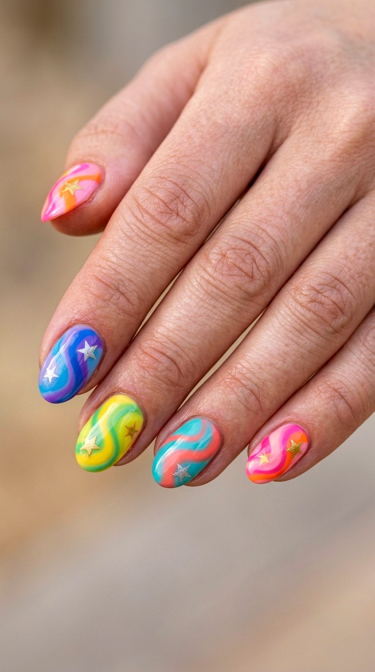 Colorful Swirl Star Nails - 22 colorful mix and match star nail ideas