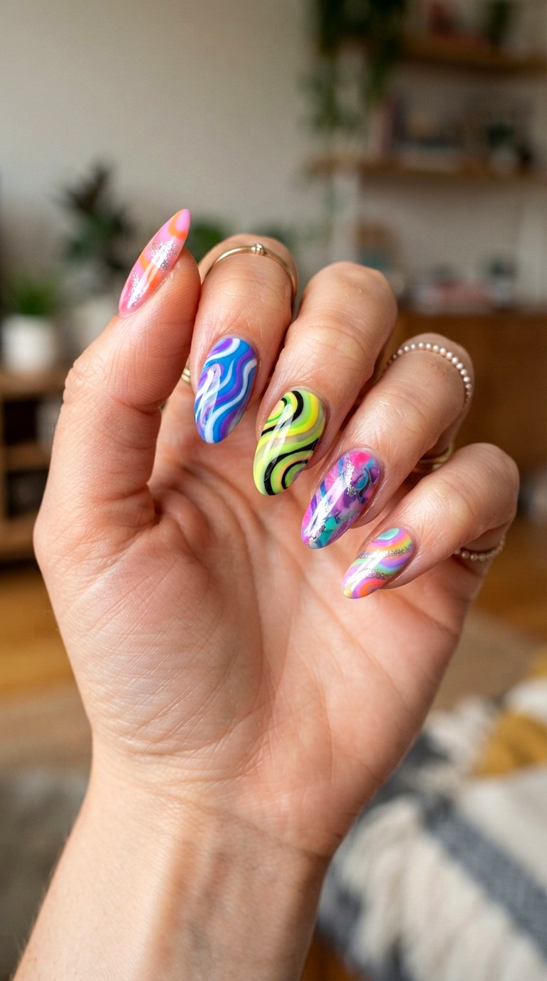 Colorful YK Swirl Mix - 22 retro Y2K almond nail ideas