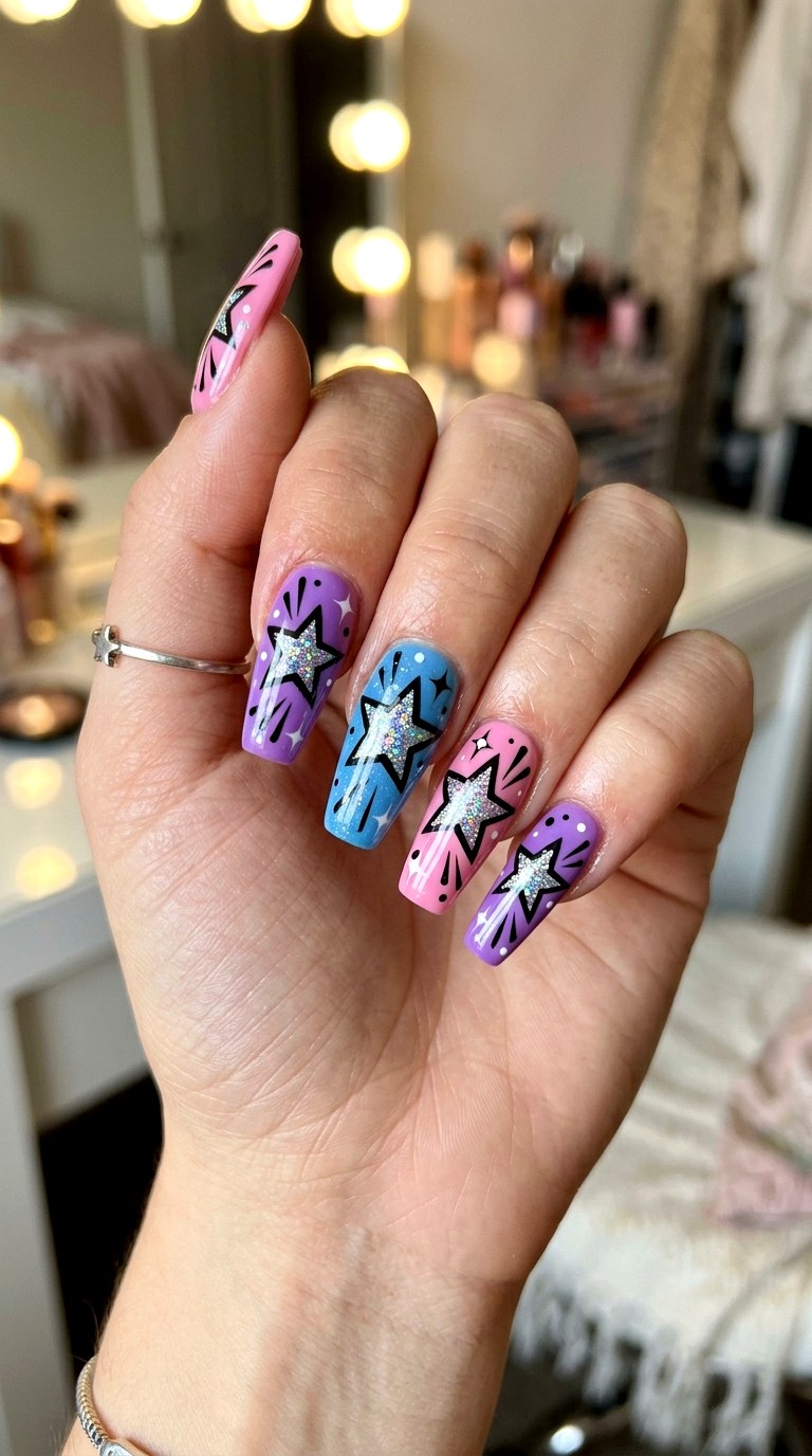 Comic Sparkle Star Nails - 20 Y2K comic nails design ideas