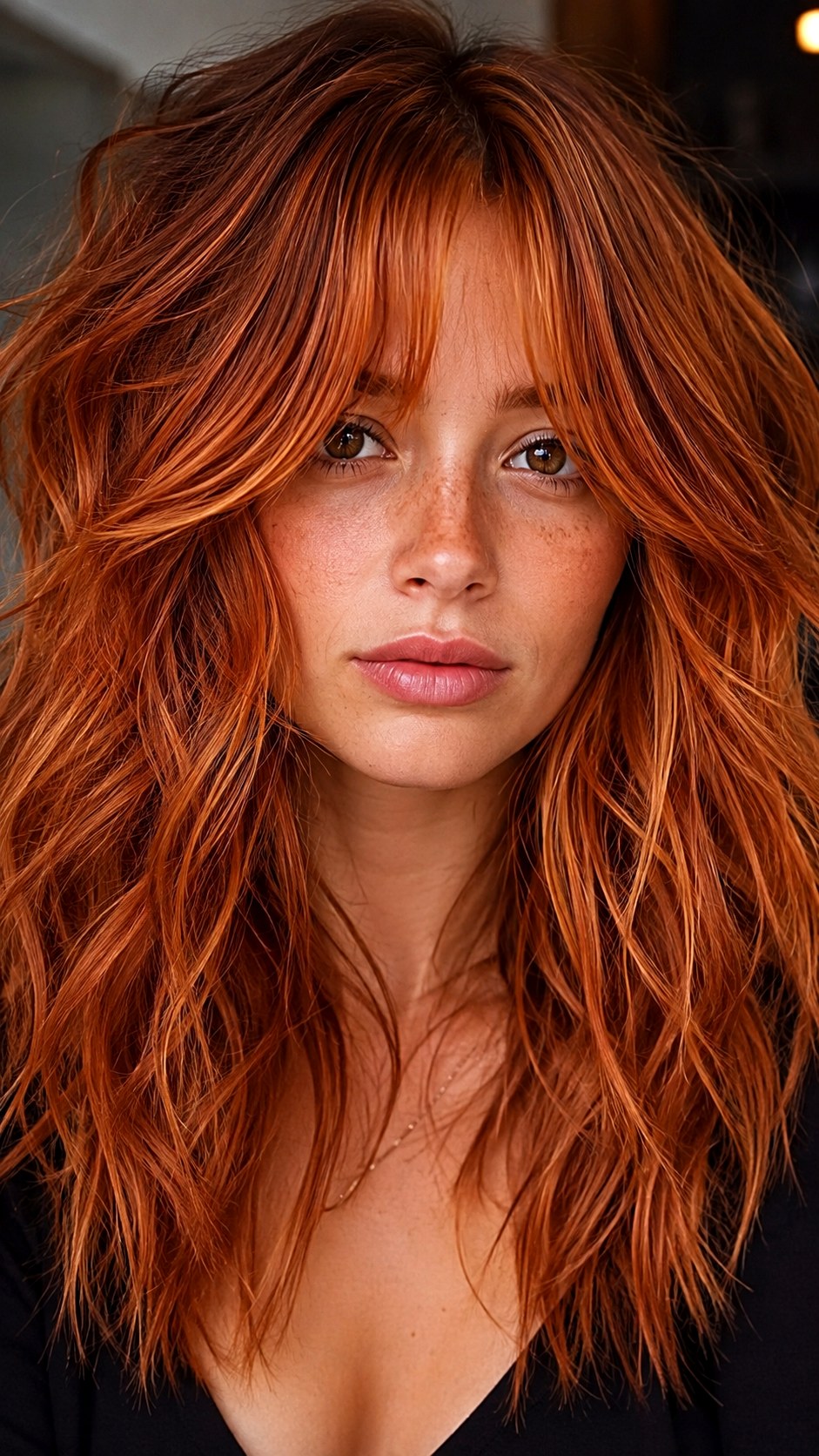 Copper Penny Tousled Wavy Shag - 23 wavy hair highlights ideas
