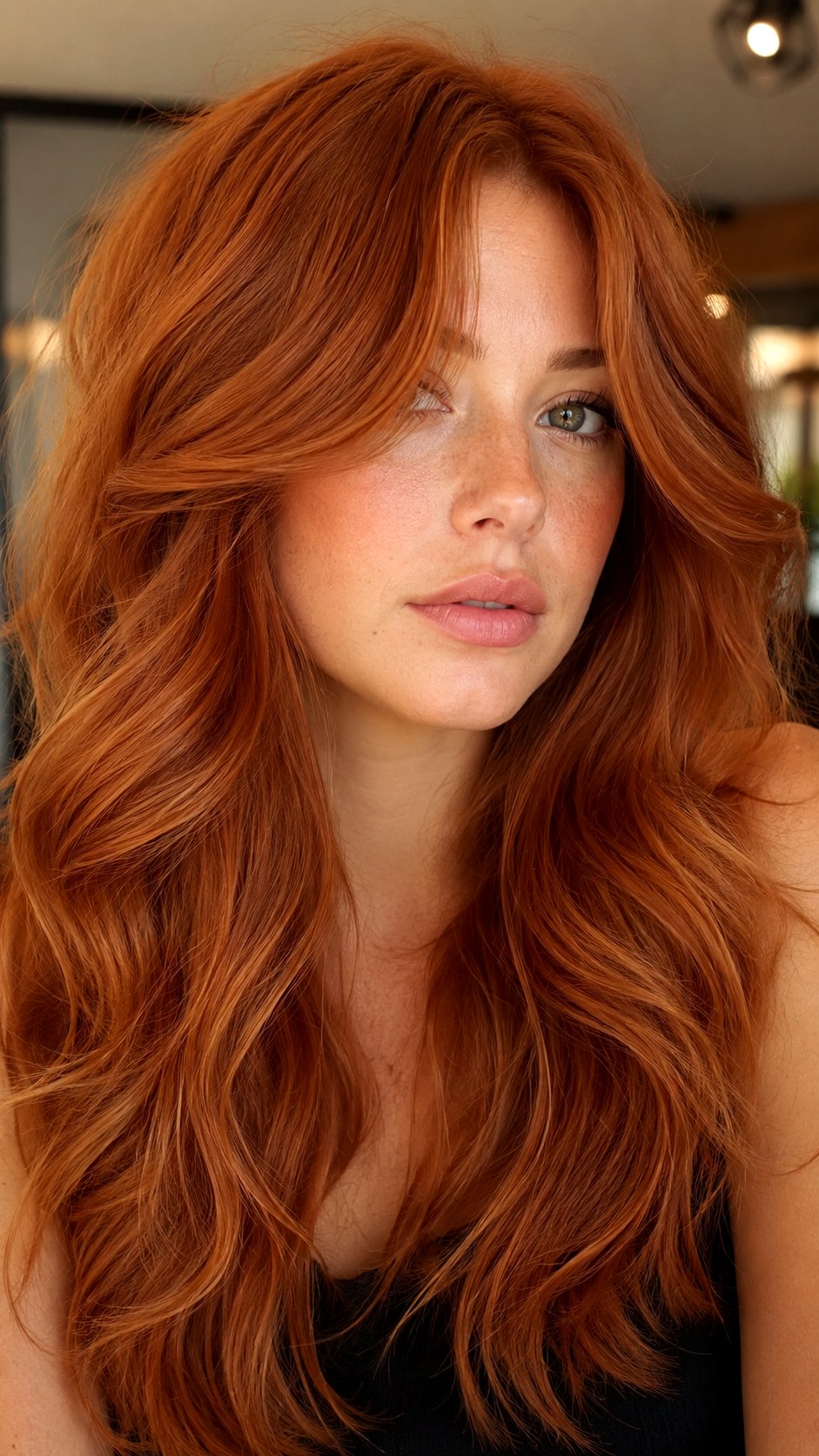 Copper Penny Voluminous Waves - 25 Long Layers with Curtain Bangs Ideas