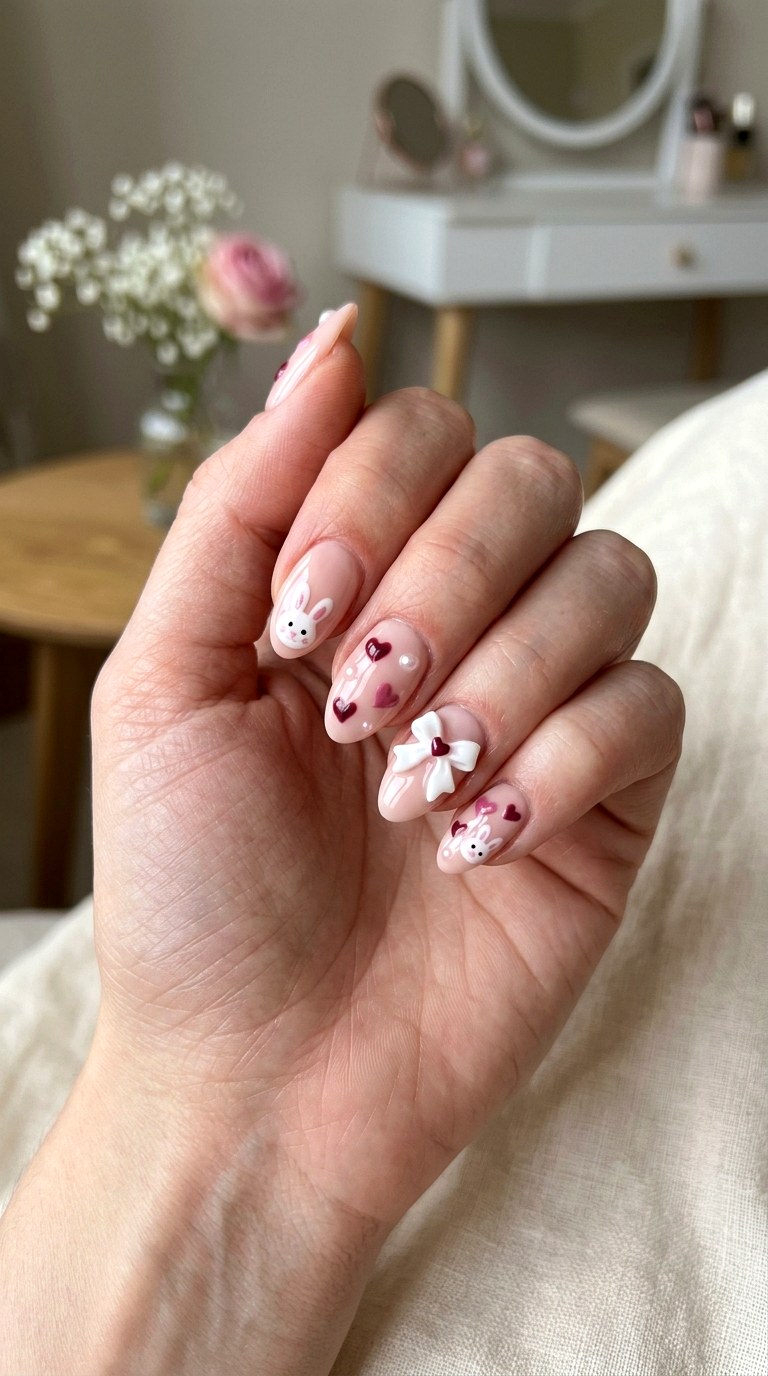 Coquette Bunny Bow Nails - 25 sweet heart bunny nails idea