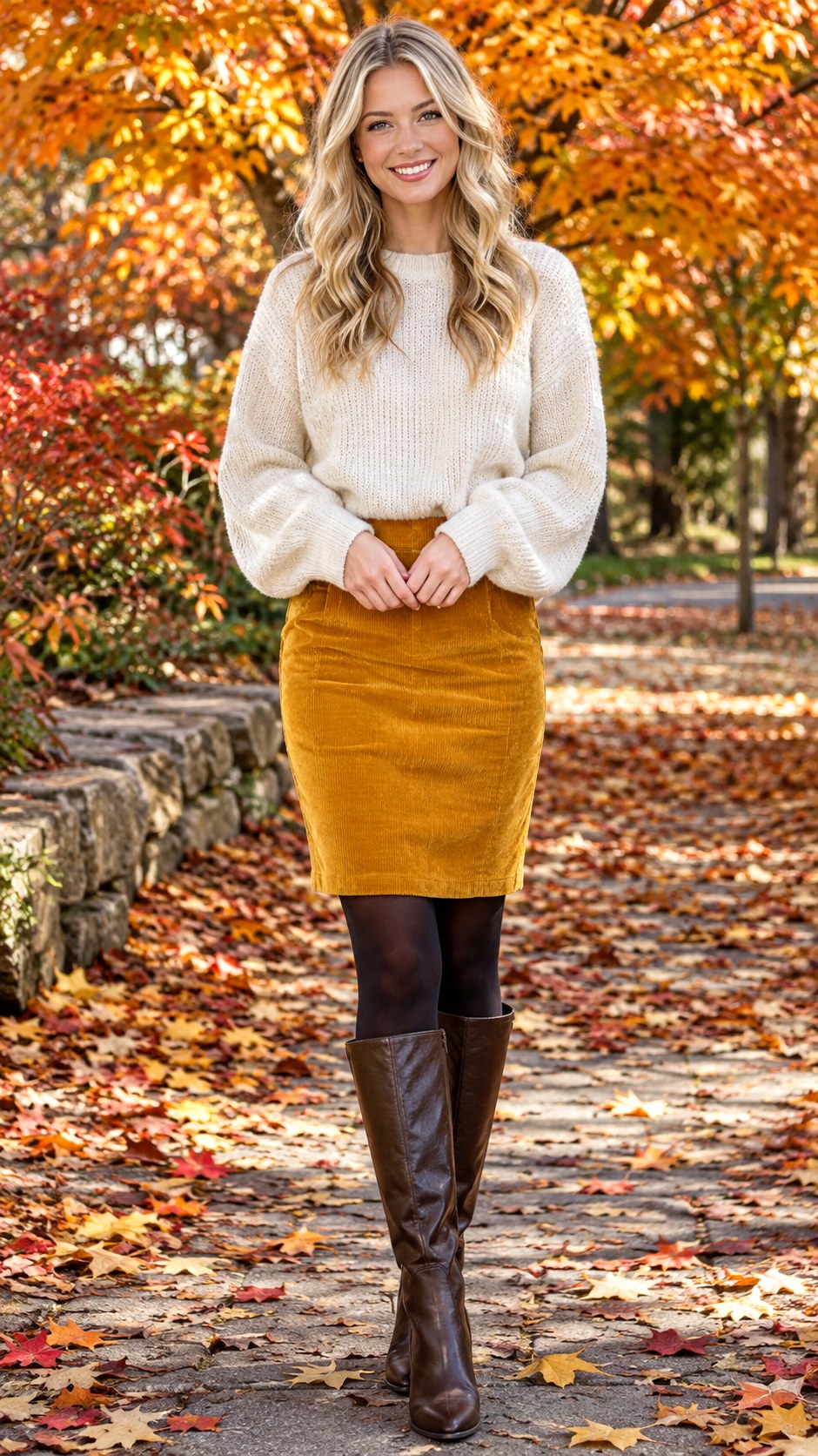 Corduroy Pencil Skirt and Slouchy Sweater - 21 casual fall outfit for women look ideas